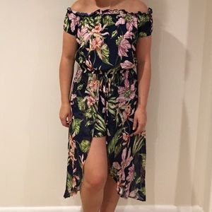 Off the Shoulder Navy Floral Romper with Skirt